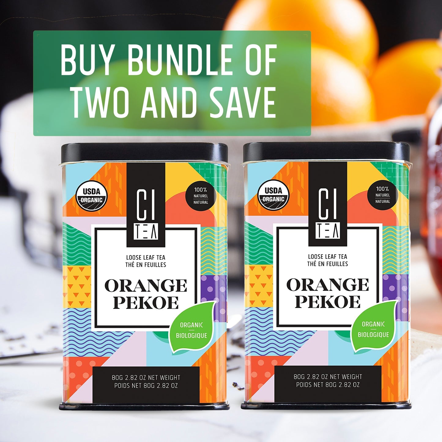 Lot de deux feuilles de thé en vrac Orange Pekoe biologique