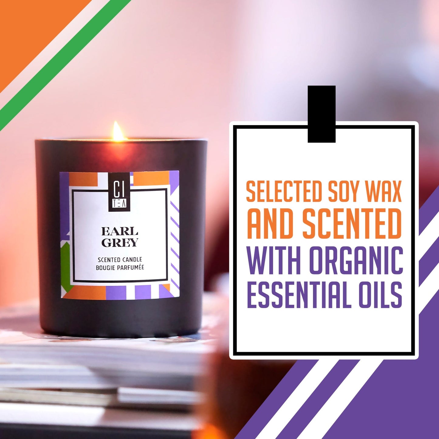 Bougie en cire de soja au parfum de thé Earl Grey - Bergamote et rose - 8 oz